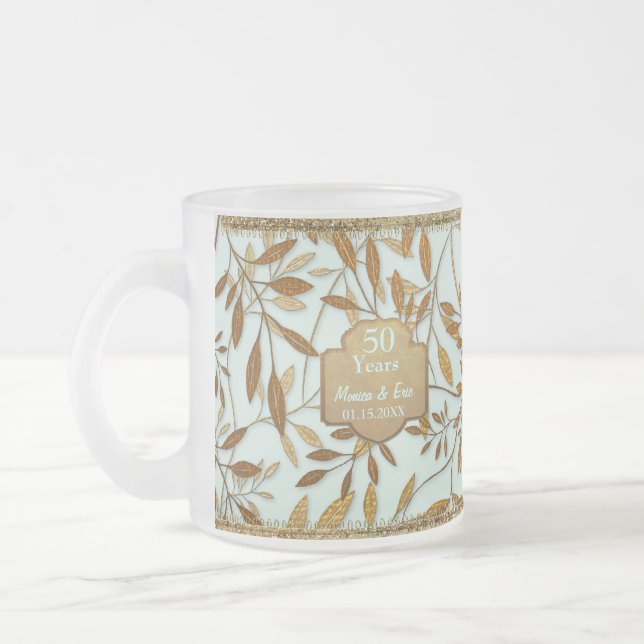 Leaves of Gold 50th Wedding Anniversary Frosted Glass Coffee Mug (Left)