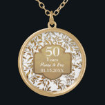 Leaves of Gold 50th Wedding Anniversary Plated Necklace<br><div class="desc">Lovely 50th Golden Wedding Anniversary design on pastel mint aqua background with an overlay of elegant gold leaves. Matching gold banner and custom text areas ready for you to personalize. You can change the background to white or another color by clicking the customize link. This design is available on other...</div>