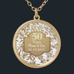 Leaves of Gold 50th Wedding Anniversary Plated Necklace<br><div class="desc">Lovely 50th Golden Wedding Anniversary design on pastel mint aqua background with an overlay of elegant gold leaves. Matching gold banner and custom text areas ready for you to personalize. You can change the background to white or another color by clicking the customize link. This design is available on other...</div>