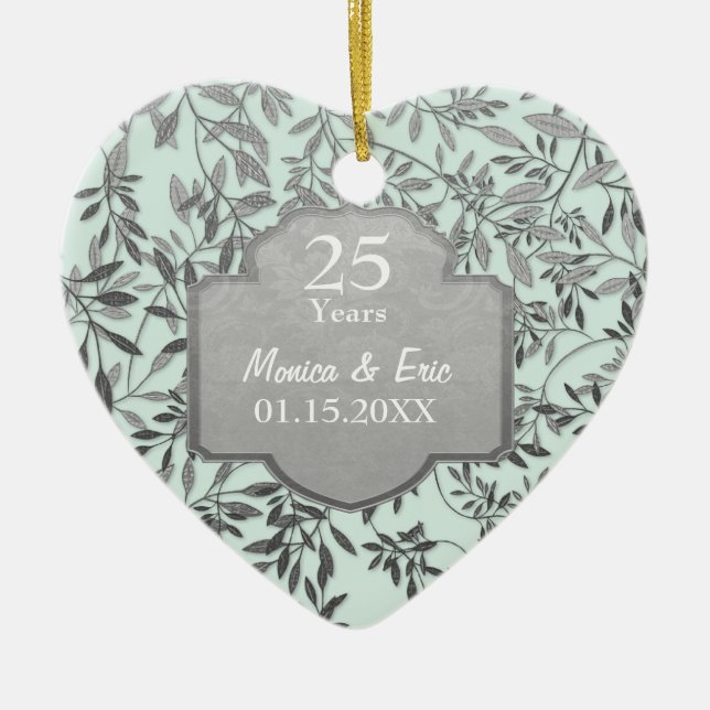 Leaves of Silver 25th Wedding Anniversary Ceramic Ornament (Front)