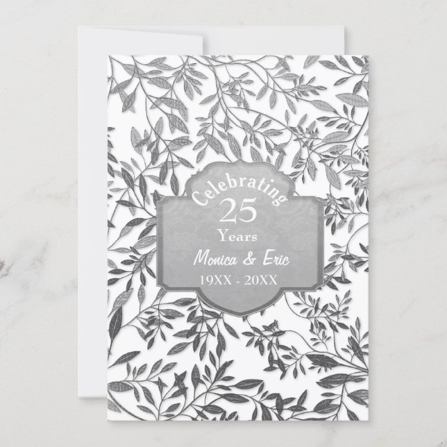 Leaves of Silver 25th Wedding Anniversary White Invitation (Front)