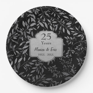 Leaves of Silver on Black 25th Anniversary Paper Plates
