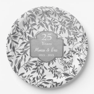 Leaves of Silver on White 25th Anniversary Paper Plates