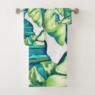Leaves Of Tropical Monstera and Banana Blue Green Bath Towel Set