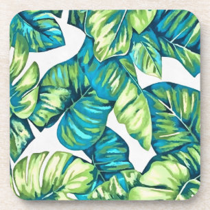 Leaves Of Tropical Monstera and Banana Blue Green Beverage Coaster