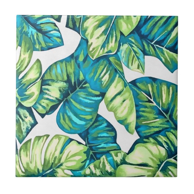 Leaves Of  Tropical Monstera and Banana Blue Green Ceramic Tile (Front)