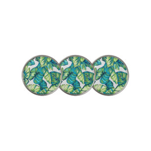 Leaves Of Tropical Monstera and Banana Blue Green Golf Ball Marker