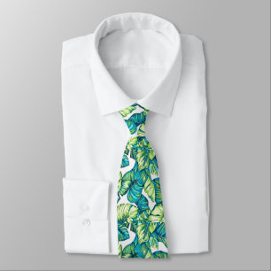 Leaves Of Tropical Monstera and Banana Blue Green Neck Tie
