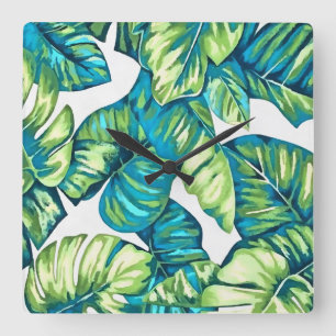 Leaves Of Tropical Monstera and Banana Blue Green Square Wall Clock