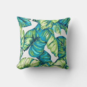Leaves Of  Tropical Monstera and Banana Blue Green Throw Pillow