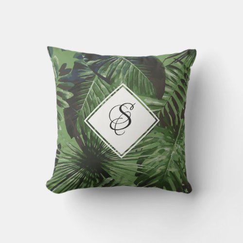 Leaves Of Tropical Palm Trees Monogram Outdoor Pillow