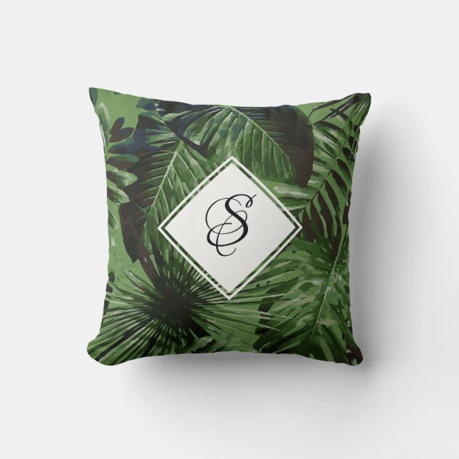 Leaves Of Tropical Palm Trees Monogram Throw Pillow (Front)