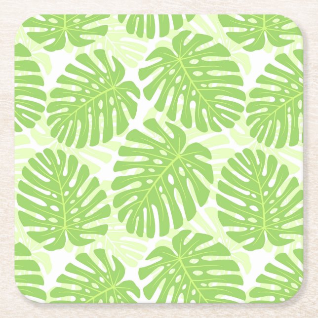 Leaves Of Tropical Plant - Monstera Pattern Square Paper Coaster (Front)
