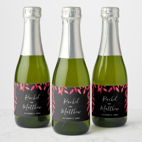 Leaves on Black Wedding Celebration Mini Sparkling Wine Label