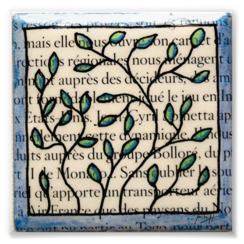 Leaves on French Text Tile Photo Print