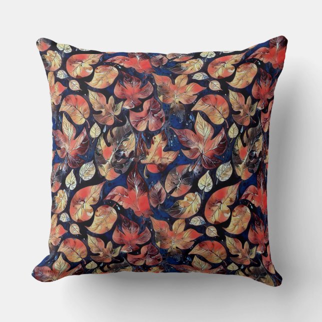 Leaves on Midnight – Abstract Botanical Pattern Throw Pillow (Front)
