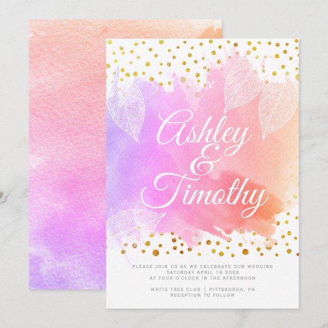 Leaves on pink watercolor calligraphy wedding invitation (Front/Back)