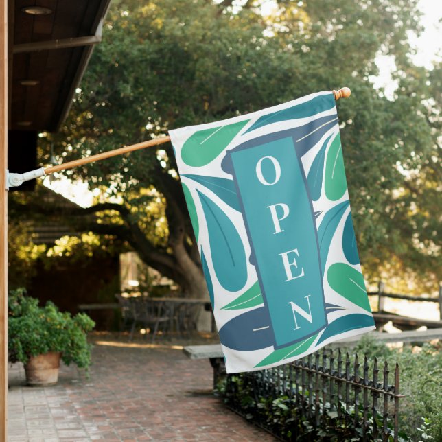  Leaves Open Modern Typography Blue Green House Flag (In SItu)