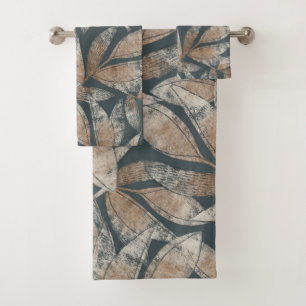 Leaves Pattern Brown Smoky Black Bath Towel Set