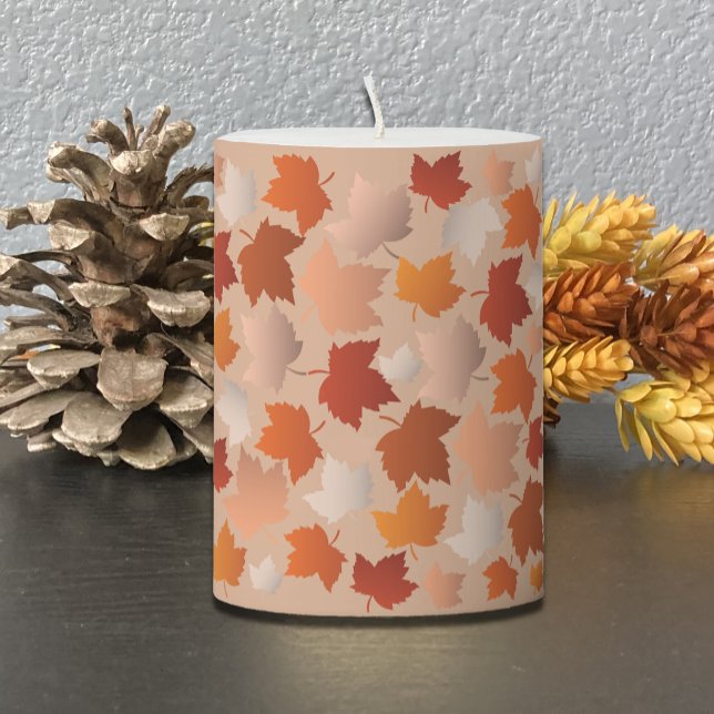 Leaves Pattern Fall Pillar Candle (Fall pillar candle on shelf .)