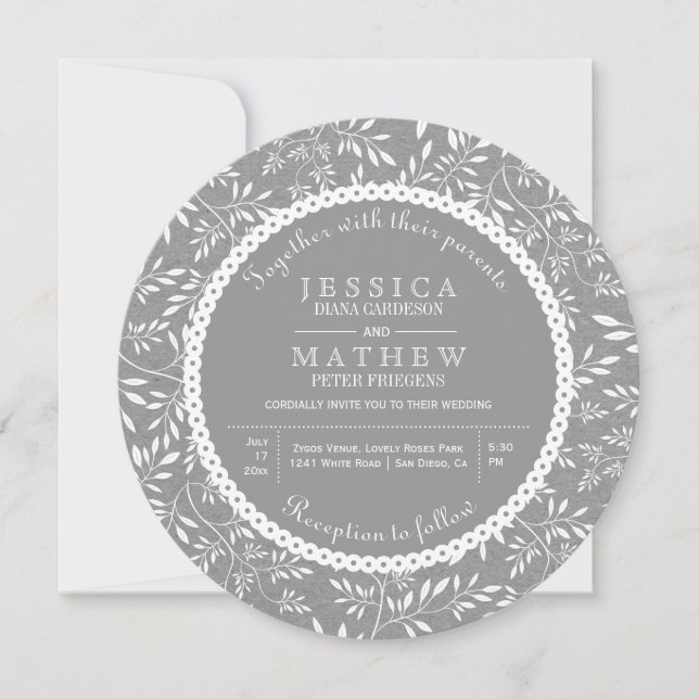 Leaves pattern gray kraft paper rustic wedding invitation (Front)