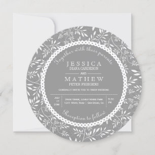 Leaves pattern gray kraft paper rustic wedding invitation