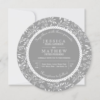 Leaves pattern gray kraft paper rustic wedding invitation