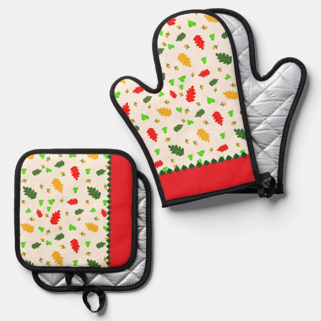 Leaves pattern oven mitt & pot holder set (Front/Back)