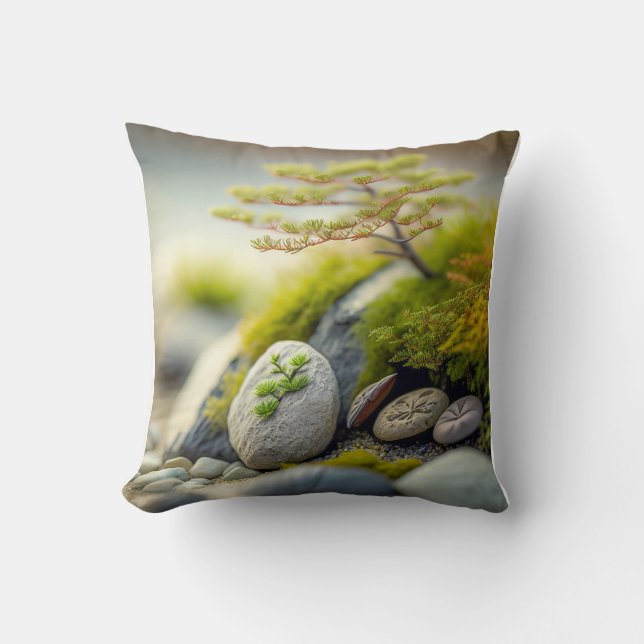 Leaves Pebbles Calm Tranquil Nature Peaceful River Throw Pillow (Front)