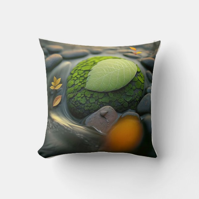Leaves Pebbles Calm Tranquil Nature Peaceful River Throw Pillow (Front)