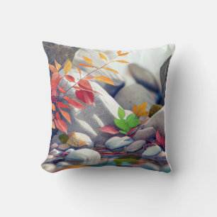 Leaves Pebbles Calm Tranquil Nature Peaceful River Throw Pillow