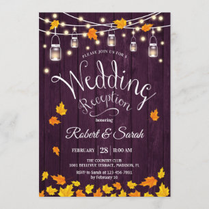 Leaves Purple Wood Fall Rustic Wedding Reception Invitation