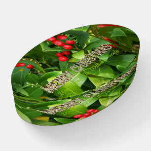 Leaves, Red Berries, Holly, Floral Merry Christmas Paperweight