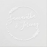 Leaves Round Wedding Couple Monogram Embosser<br><div class="desc">This elegant round wedding monogram embosser features a delicate leaf wreath around the couple's first names with "always and forever" along the bottom. Personalize with the bride and groom's first names for a romantic botanical monogram keepsake. A beautiful engagement or bridal shower gift perfect for sealing wedding invitations, thank you...</div>