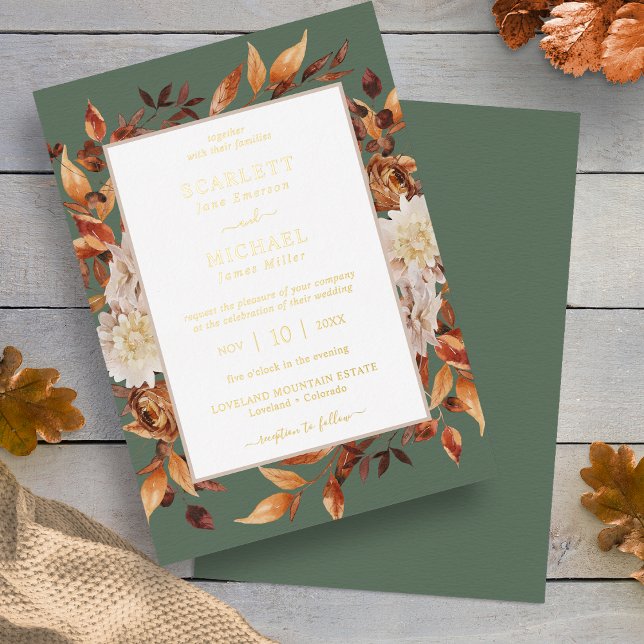 Leaves Rustic Wedding Foil Invitation (Autumn Leaves Rustic Sage Green Wedding Foil Invitation by Painted Paperie
)