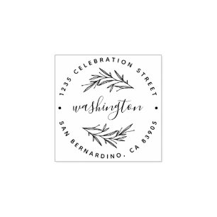 Leaves & Script Custom Family Name Return Address Rubber Stamp