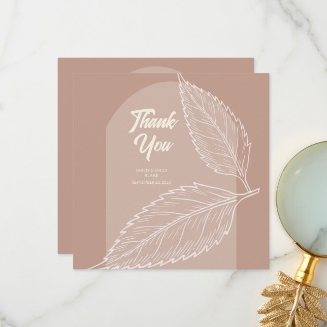 Leaves Soft Mocha Wedding Thank You Cards (Front/Back In Situ)