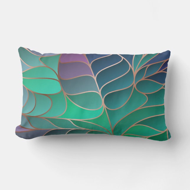 Leaves Teal, Aqua, and Purple New Art Nouveau Lumbar Pillow (Front)