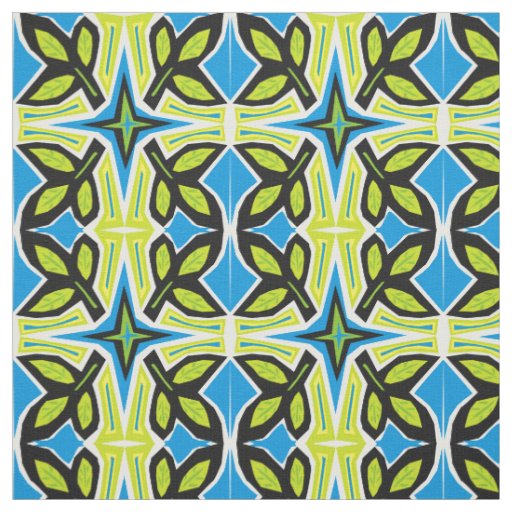 Leaves tile in African style folk art blue Fabric