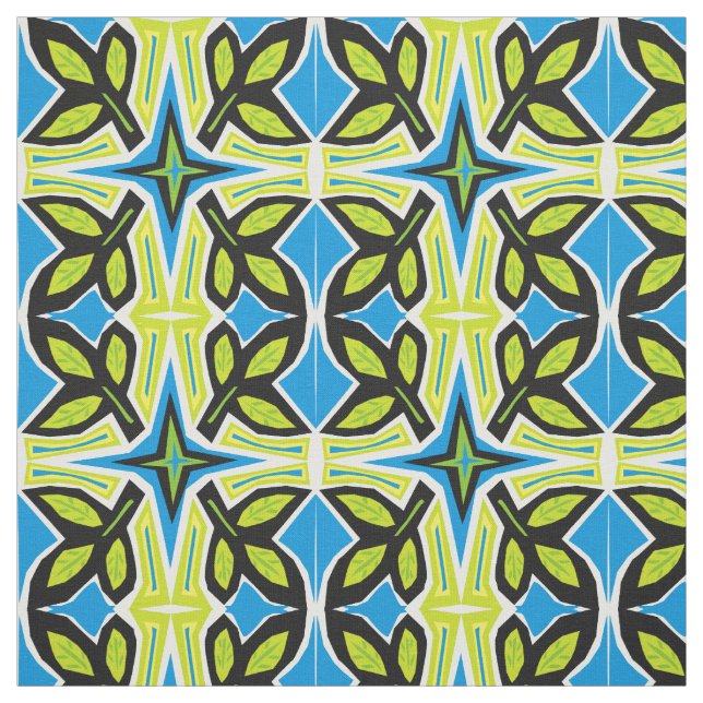 Leaves tile in African style folk art blue Fabric (Swatch)