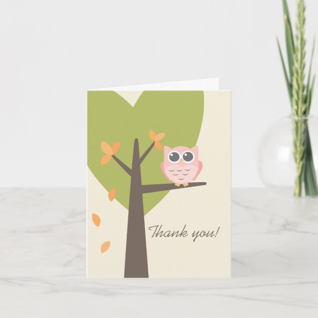 Leaves Tree Pink Owl Autumn Baby Shower Thank You (Front)