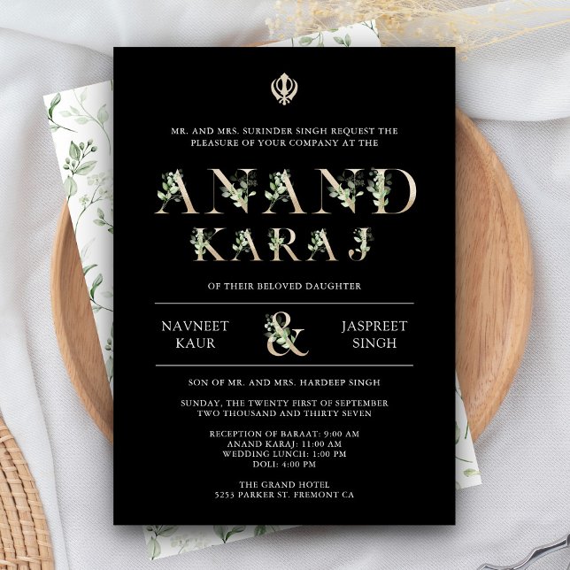 Leaves Typography Black Anand Karaj Sikh Wedding Invitation (Creator Uploaded)