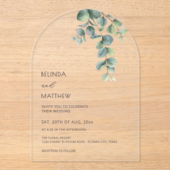 Leaves Watercolor Flowers Clear Arch Acrylic Invitations (Front)