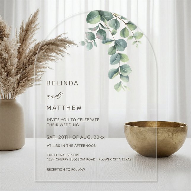 Leaves Watercolor Flowers Clear Arch Acrylic Invitations (Creator Uploaded)