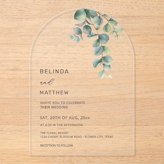 Leaves Watercolor Flowers Clear Arch Acrylic Invitations (Front)