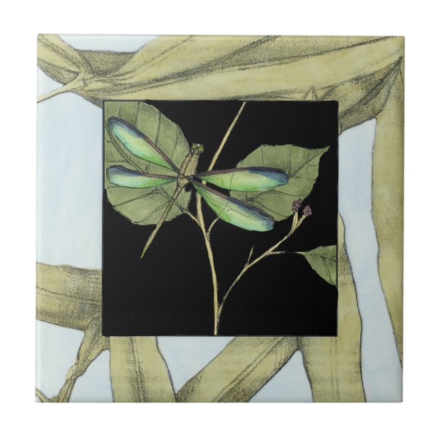 Leaves with Dragonfly Inset by Jennifer Goldberger Ceramic Tile (Front)