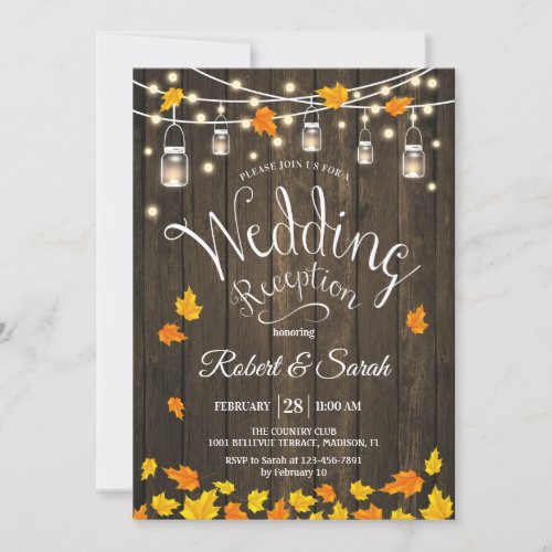Leaves Wood Lights Fall Rustic Wedding Reception Invitation