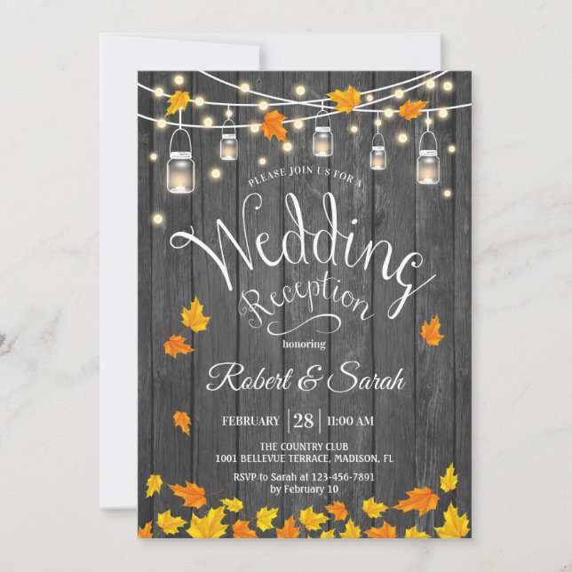 Leaves Wood Lights Fall Rustic Wedding Reception Invitation (Front)