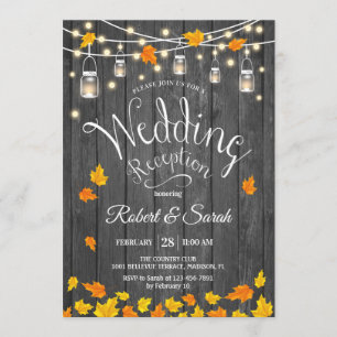 Leaves Wood Lights Fall Rustic Wedding Reception Invitation