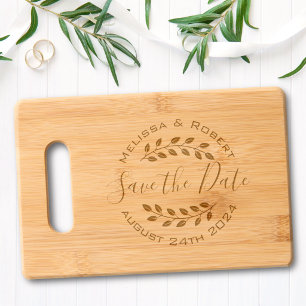 Leaves Wreath Modern Wedding Save the Date Engraved Cutting Board